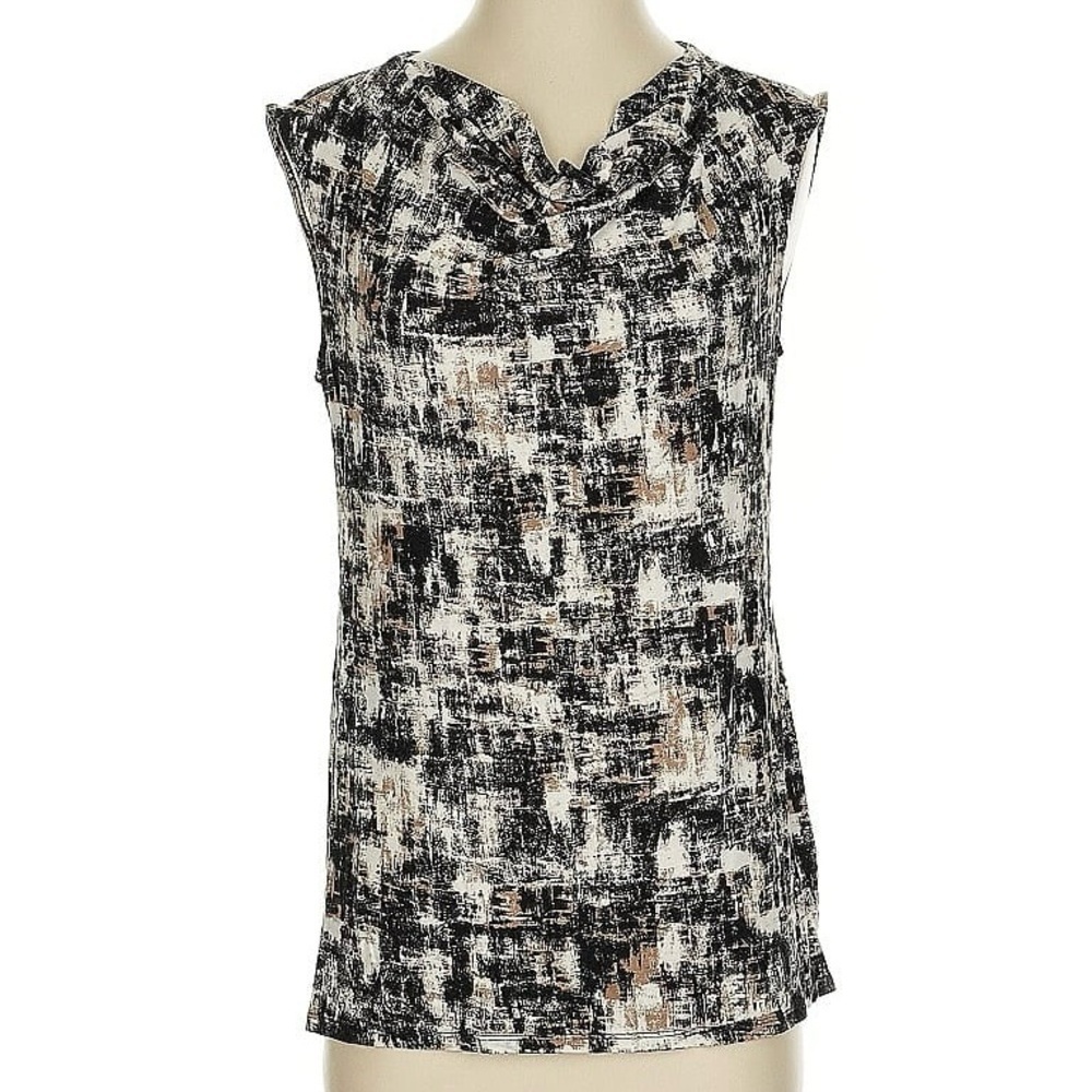 J Jill Wearever Cowl Neck Sleeveless Stretch Knit Top Black Brown Print Small
